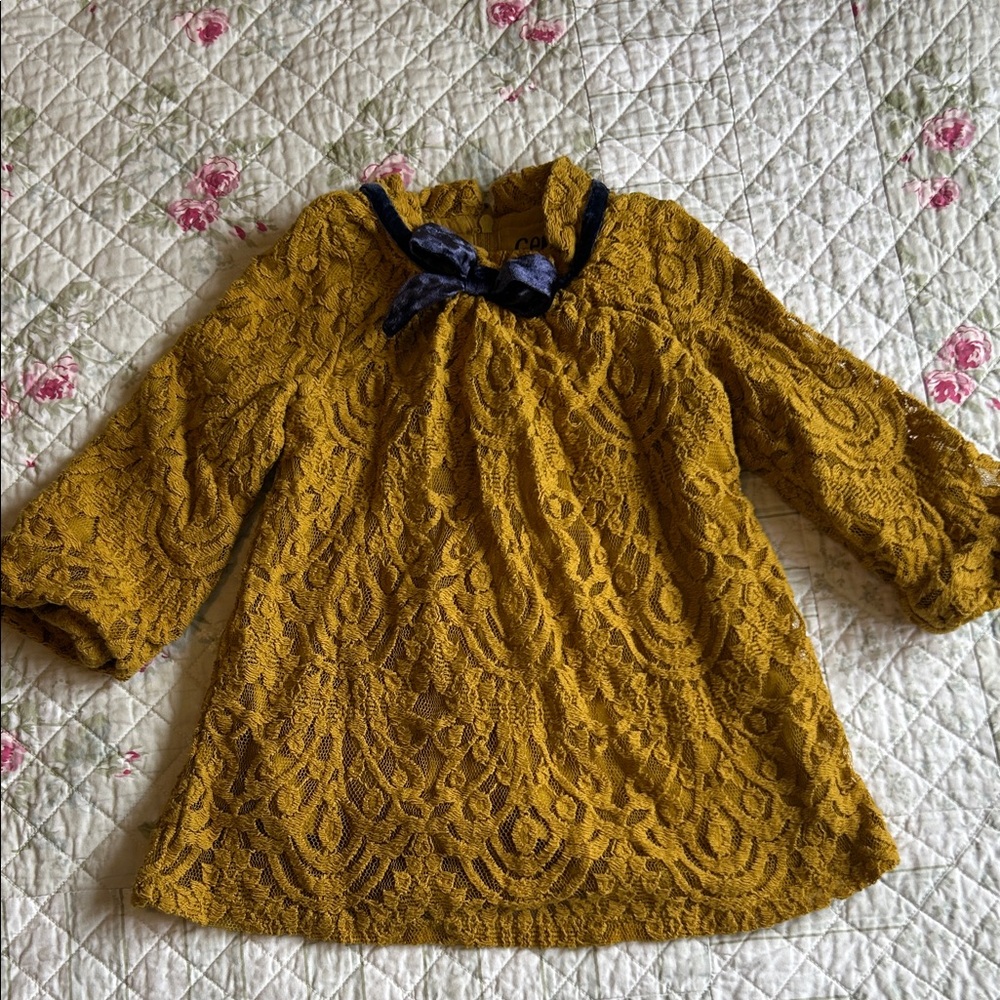 OshKosh B'gosh Mustard Lace Dress with Navy Bow